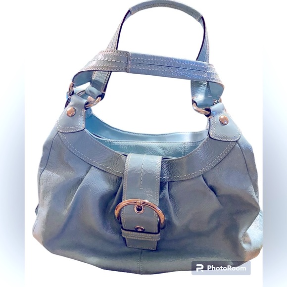 🩵Coach~Tiffany Blue Large Lynne Hobo Crinkle Patent Leather Silver Hardware - Picture 3 of 17